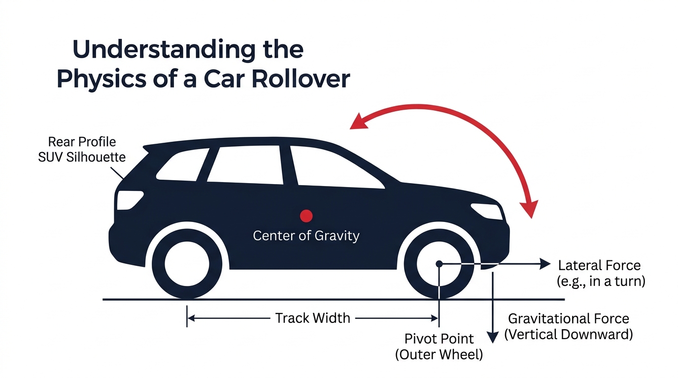 Diagram showing how a vehicle's center of gravity shifts past its tipping point causing a rollover